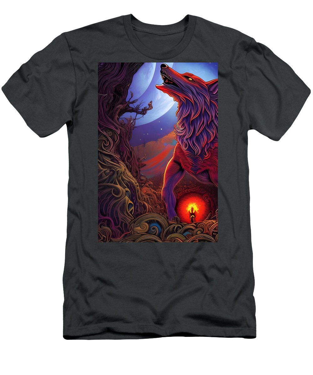 Wolf T-Shirt featuring the digital art Howling Wolf Rooted Under The Moon by Jason Denis