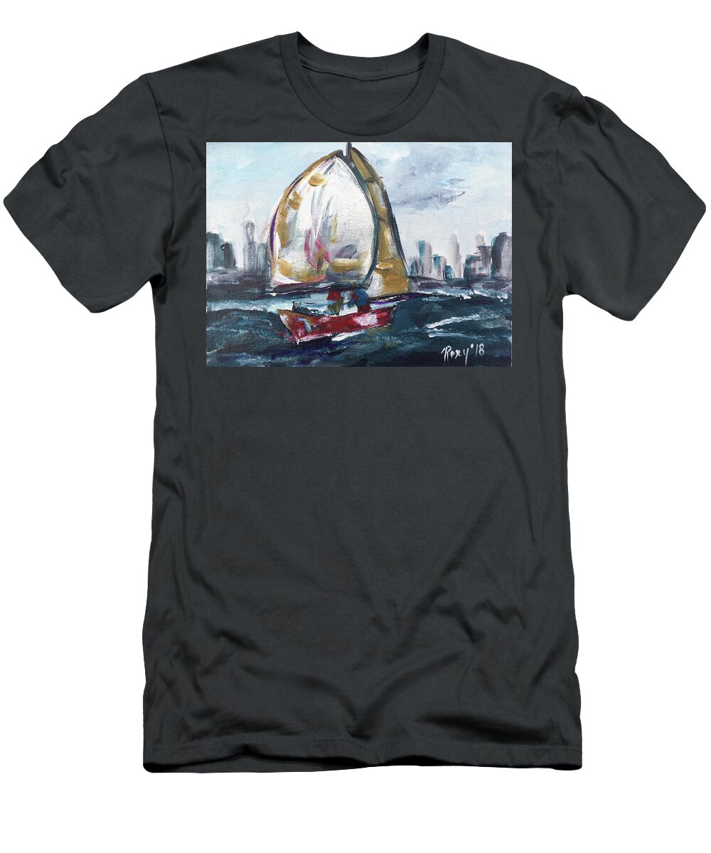 Big Sail T-Shirt featuring the painting Hudson Sailing by Roxy Rich