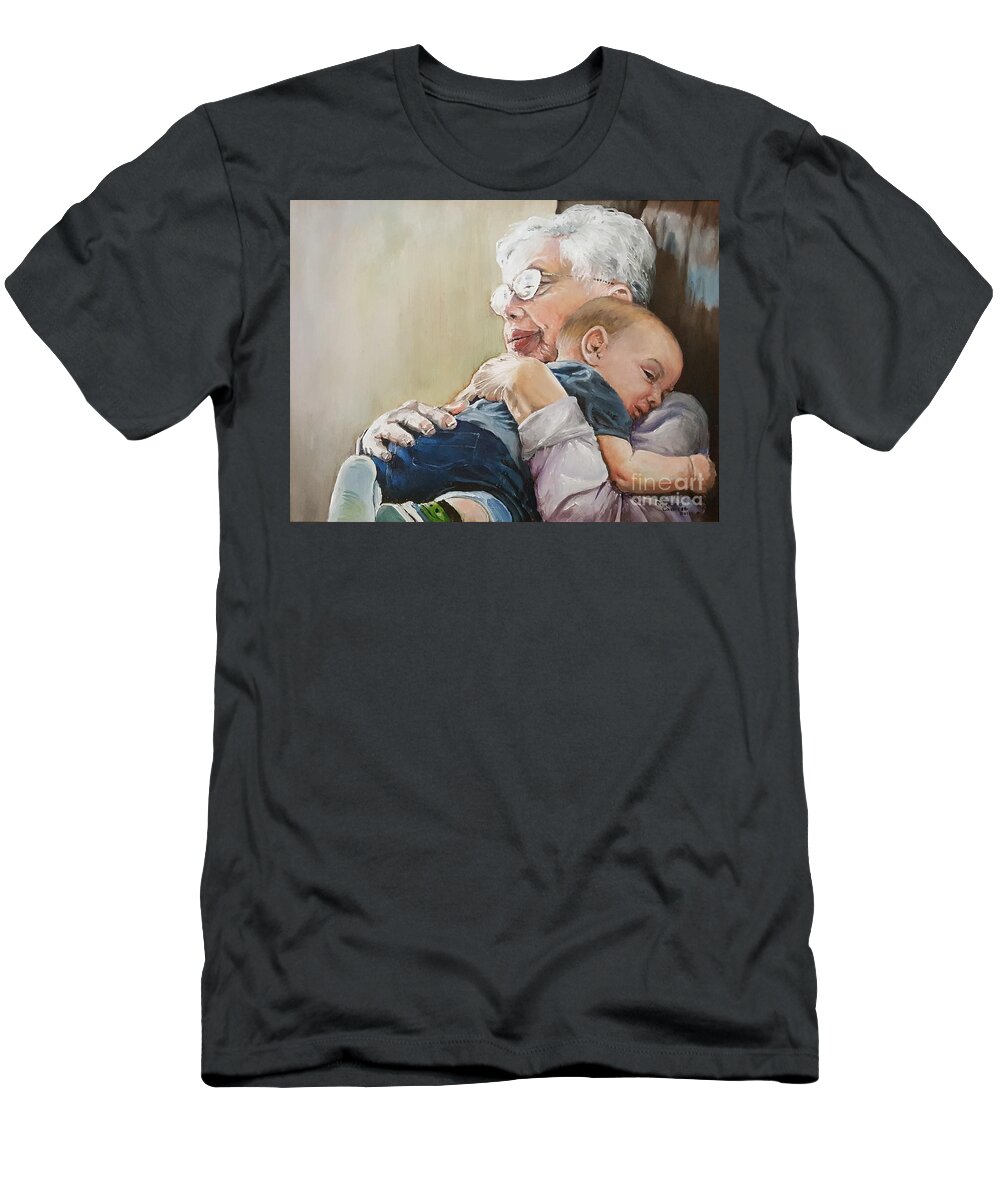 Hug T-Shirt featuring the painting Hugs from Great Grandma by Merana Cadorette