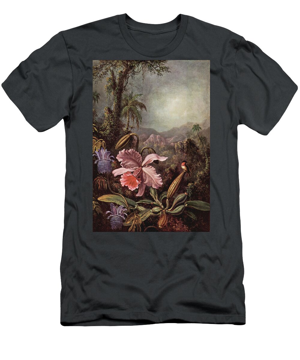 Martin Johnson Heade T-Shirt featuring the painting Hummingbird and Orchids by Martin Johnson Heade