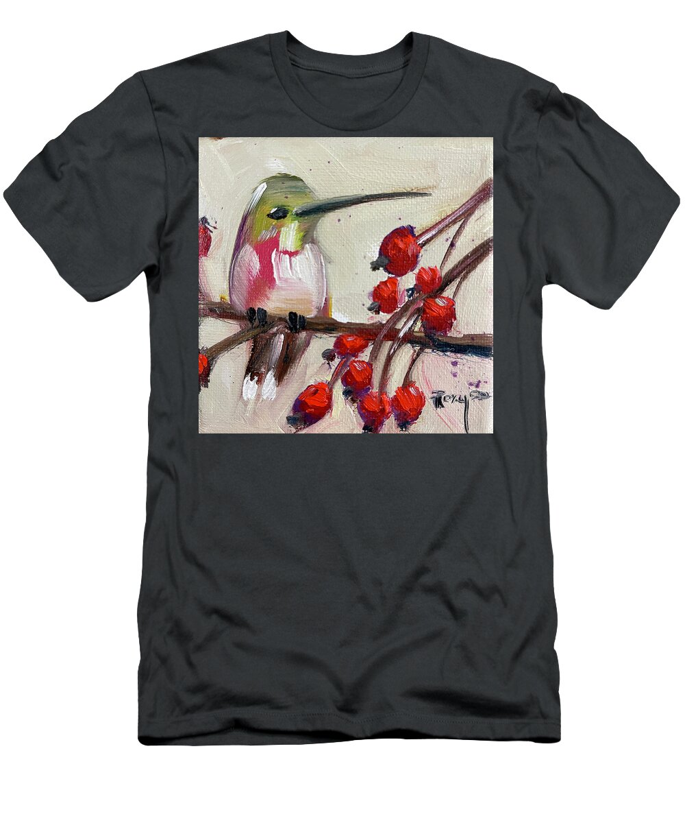 Hummingbird T-Shirt featuring the painting Hummingbird with Berries by Roxy Rich