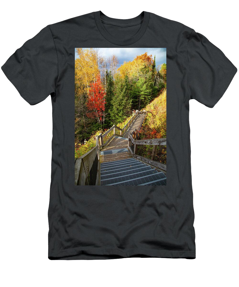 Au Sable River T-Shirt featuring the photograph Huron Manistee National Forest in Michigan with fall colors by Eldon McGraw