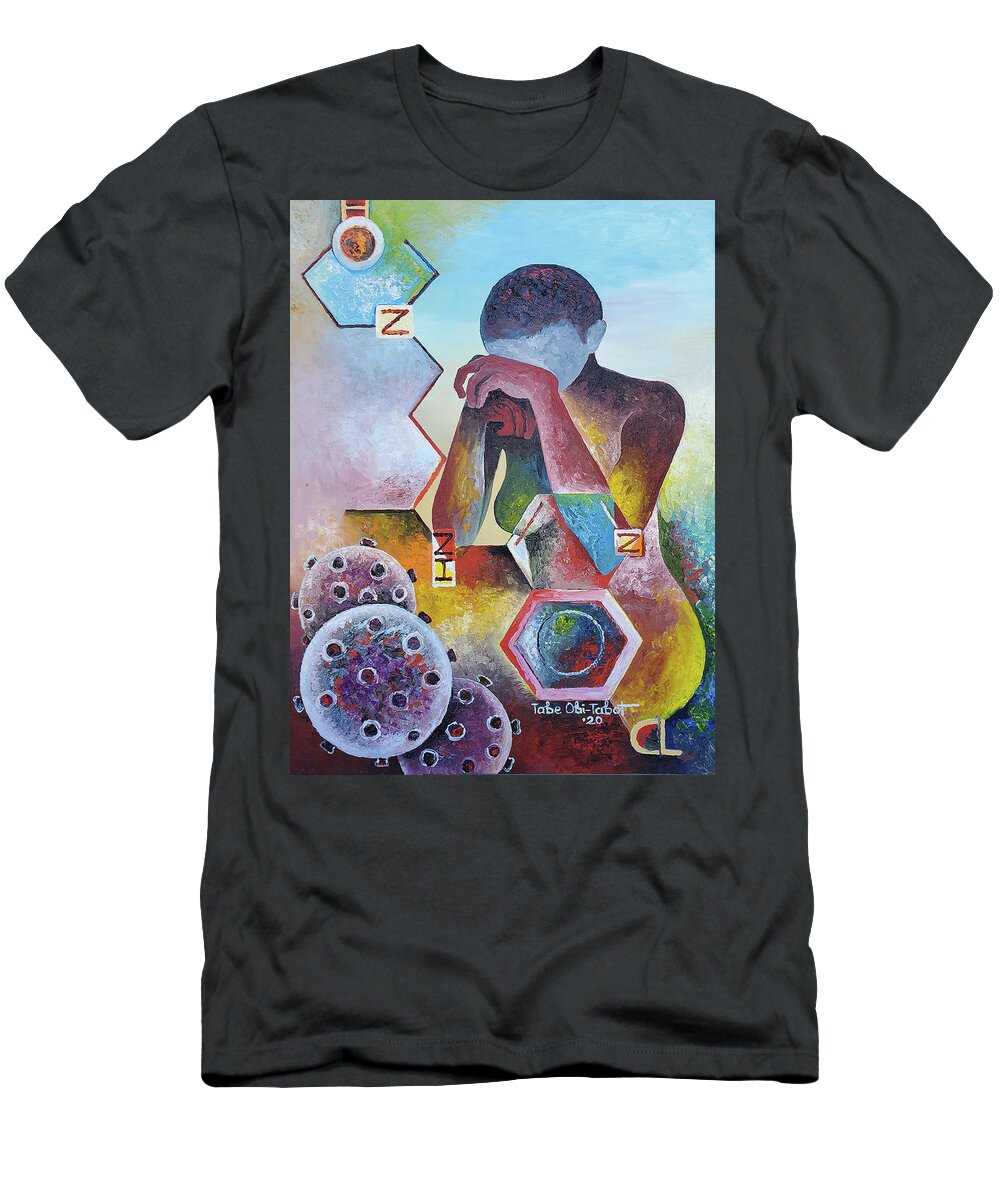 Covid-19 T-Shirt featuring the painting Hydroxychloroquine - The Covid-19 Debacle by Obi-Tabot Tabe