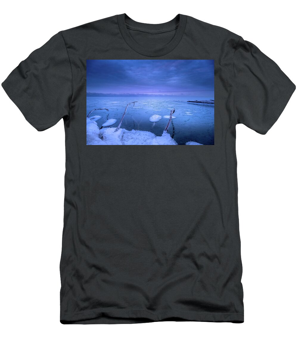 Ice T-Shirt featuring the photograph Ice Pancakes in Pre Dawn Gloom by Paulette Marzahl
