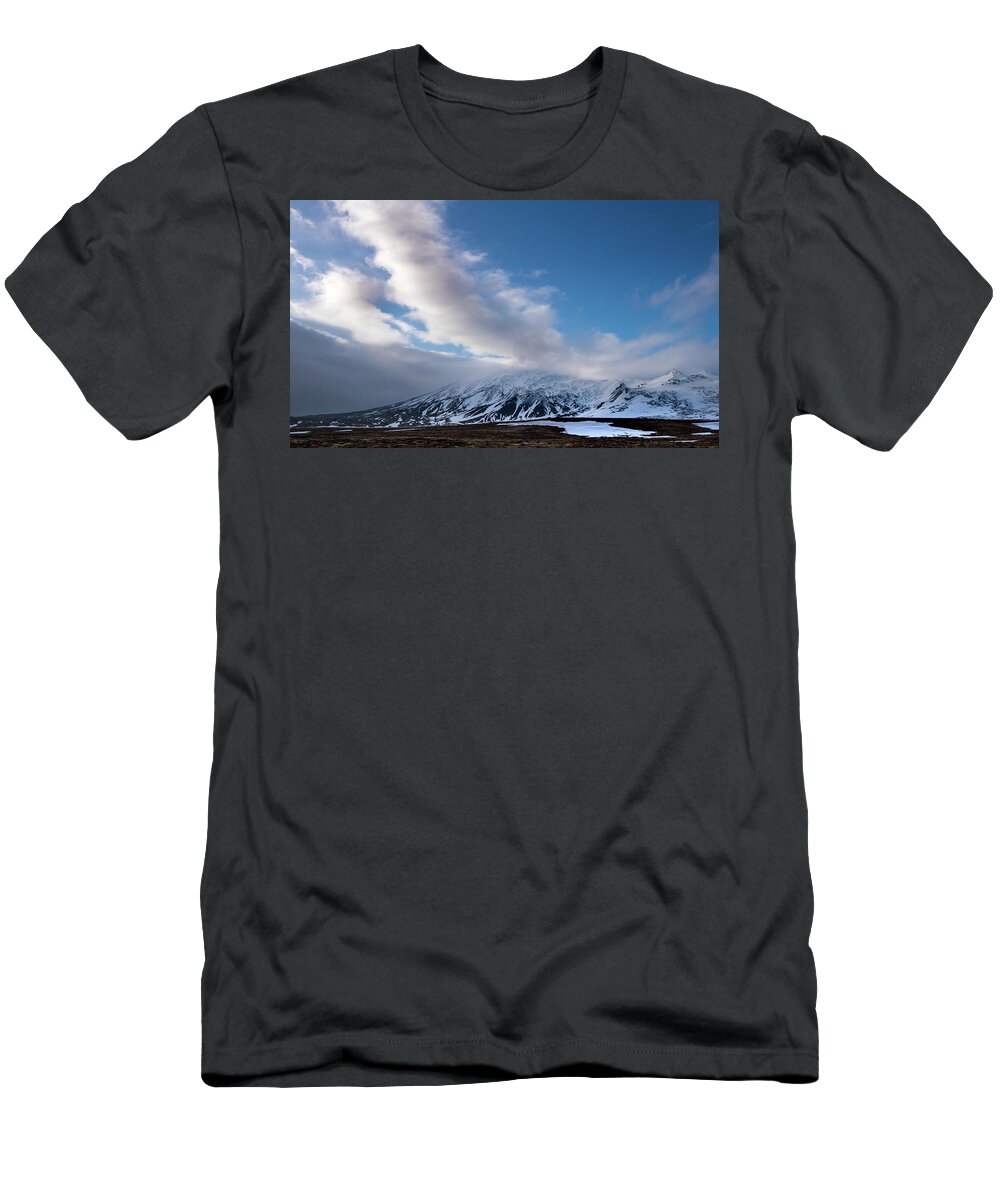 Iceland T-Shirt featuring the photograph Icelandic landscape with mountains covered in snow at snaefellsnes peninsula in Iceland by Michalakis Ppalis