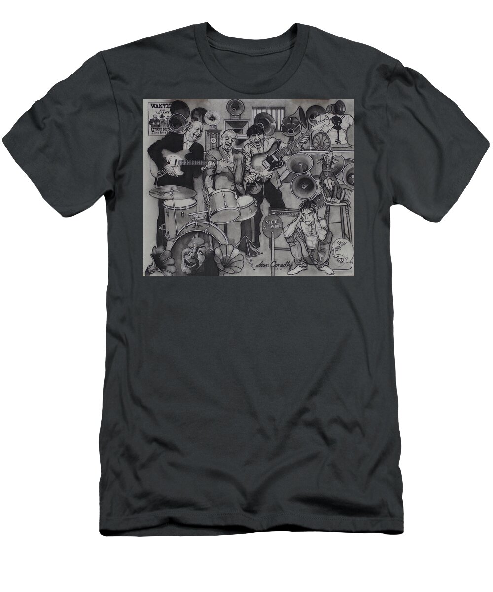 Charcoal Pencil T-Shirt featuring the drawing Iggy And The Stooges by Sean Connolly