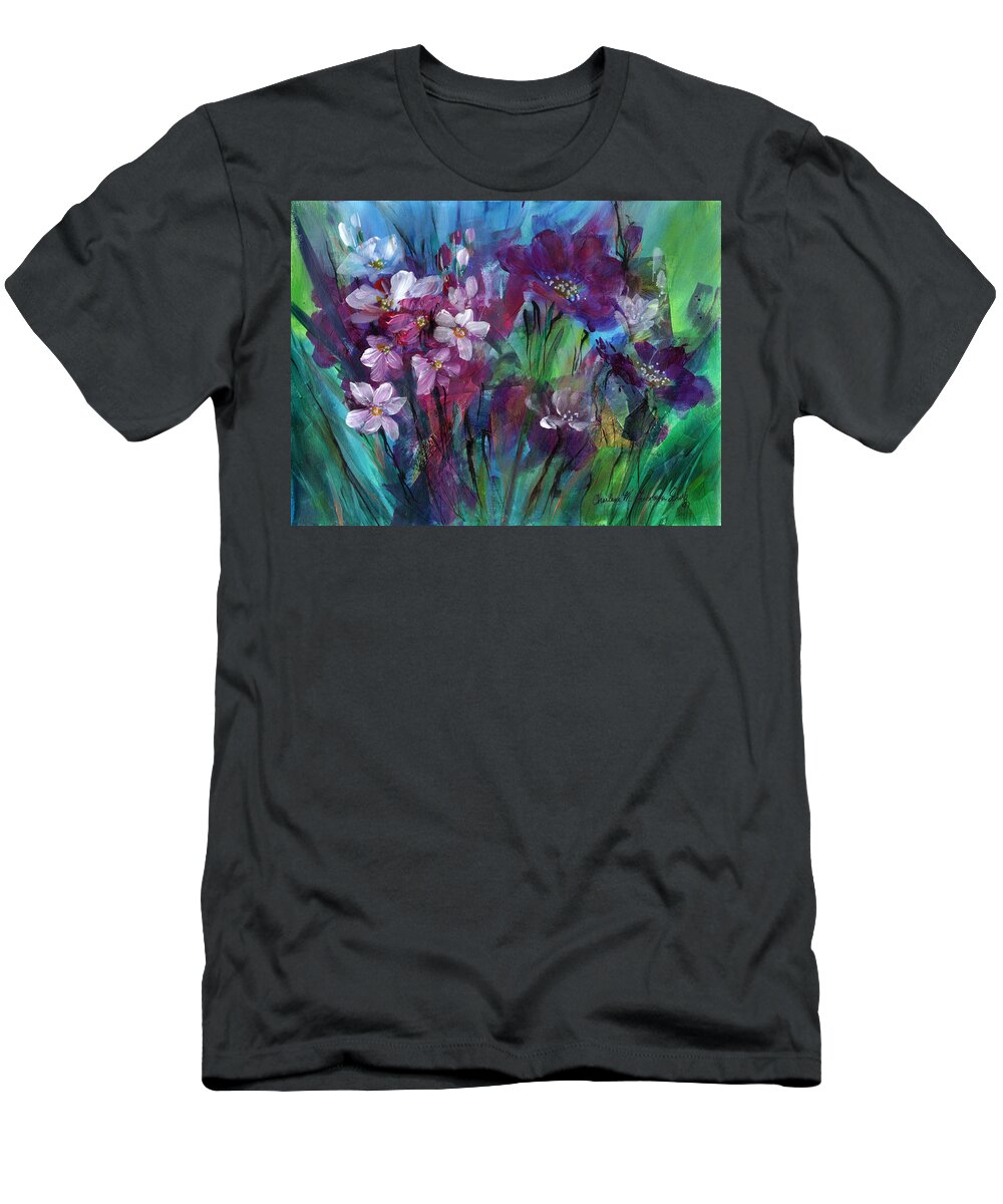 Dancing-flowers T-Shirt featuring the painting Imaginary Garden - Tango by Charlene Fuhrman-Schulz