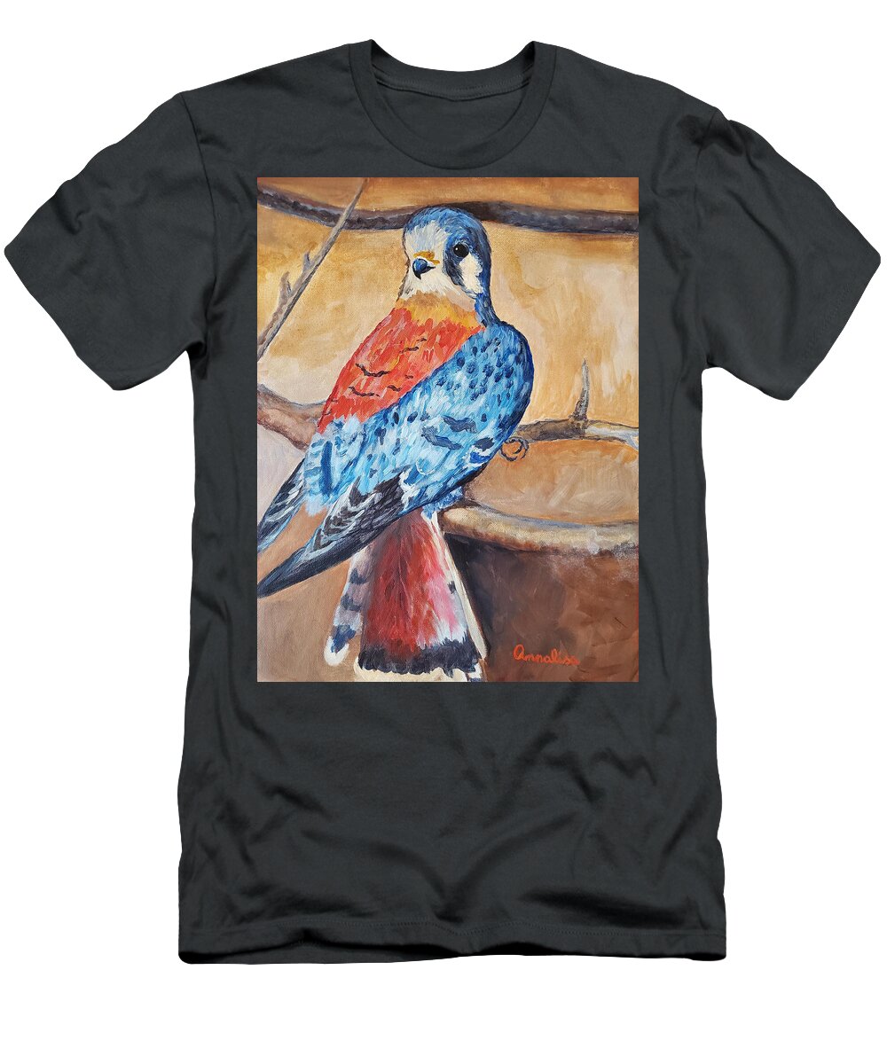 Birds T-Shirt featuring the painting Impression of an American Kestrel by Annalisa Rivera-Franz