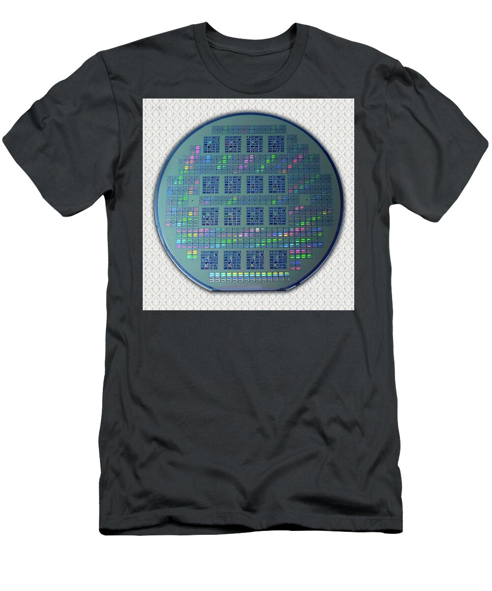 Intel T-Shirt featuring the photograph Intel 4001 ROM CPU Silicon Wafer Chipset Integrated Circuit, Silicon Valley 1971 by Kathy Anselmo