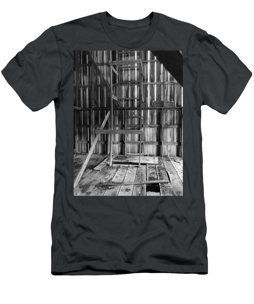 Kansas T-Shirt featuring the photograph Interior of Rural Kansas Barn in Black and White by Michael Dean Shelton