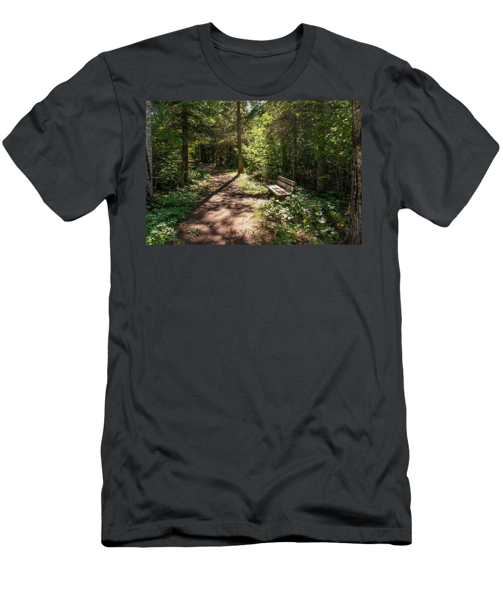 Ouimet Canyon T-Shirt featuring the photograph Inviting Park Bench in Ouimet Canyon, Ontario by John Twynam