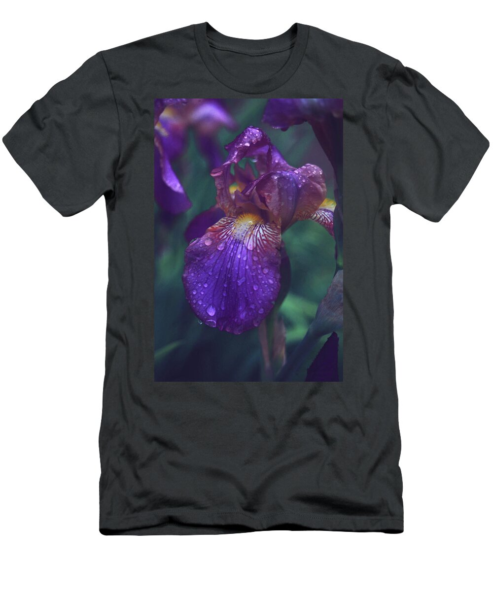 Iris T-Shirt featuring the photograph Iris Dewdrops by Toni Hopper