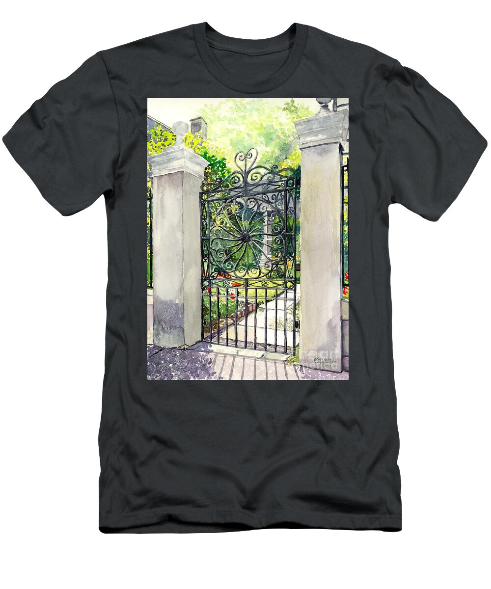 Iron T-Shirt featuring the painting Iron Wheel gate by Merana Cadorette