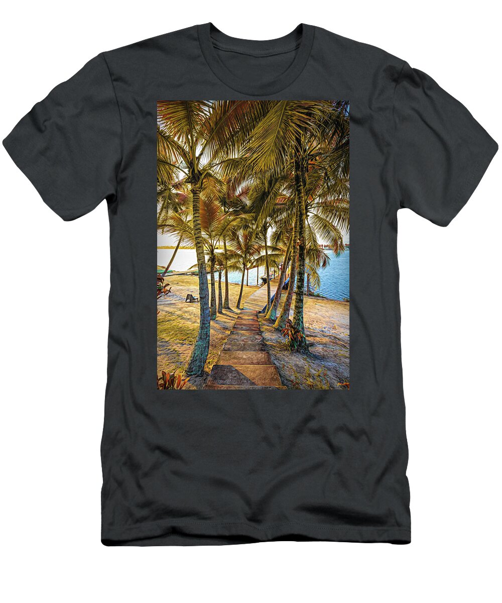 Beach T-Shirt featuring the photograph Island Dock Under Palms Painting by Debra and Dave Vanderlaan