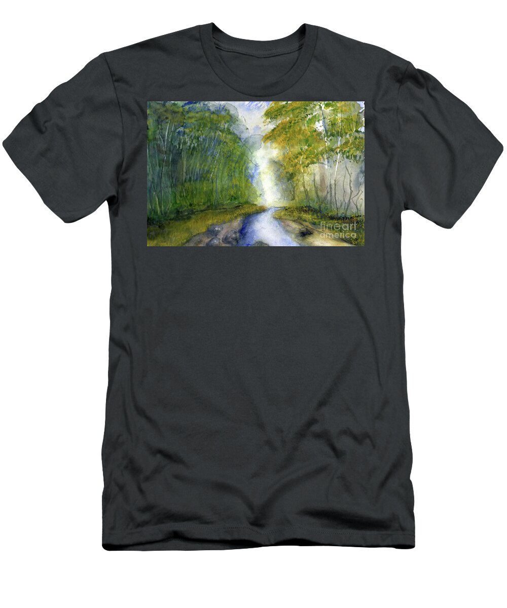 Creek T-Shirt featuring the painting Fern Dell Creek Early This MOrning by Randy Sprout