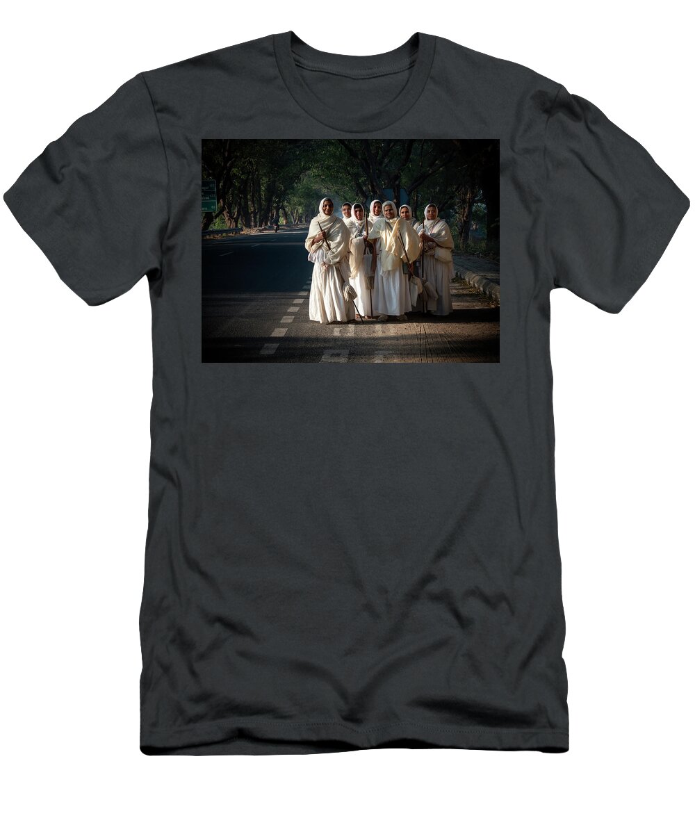 India T-Shirt featuring the photograph Jain nuns in Gujarat. by Usha Peddamatham