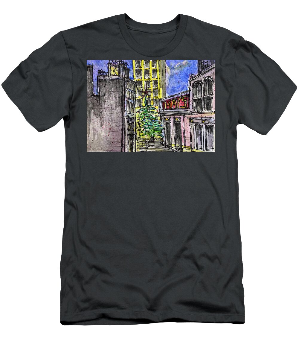 Christmas T-Shirt featuring the mixed media Holiday in the City 1 - Ink and Watercolor Illustration by Jason Nicholas