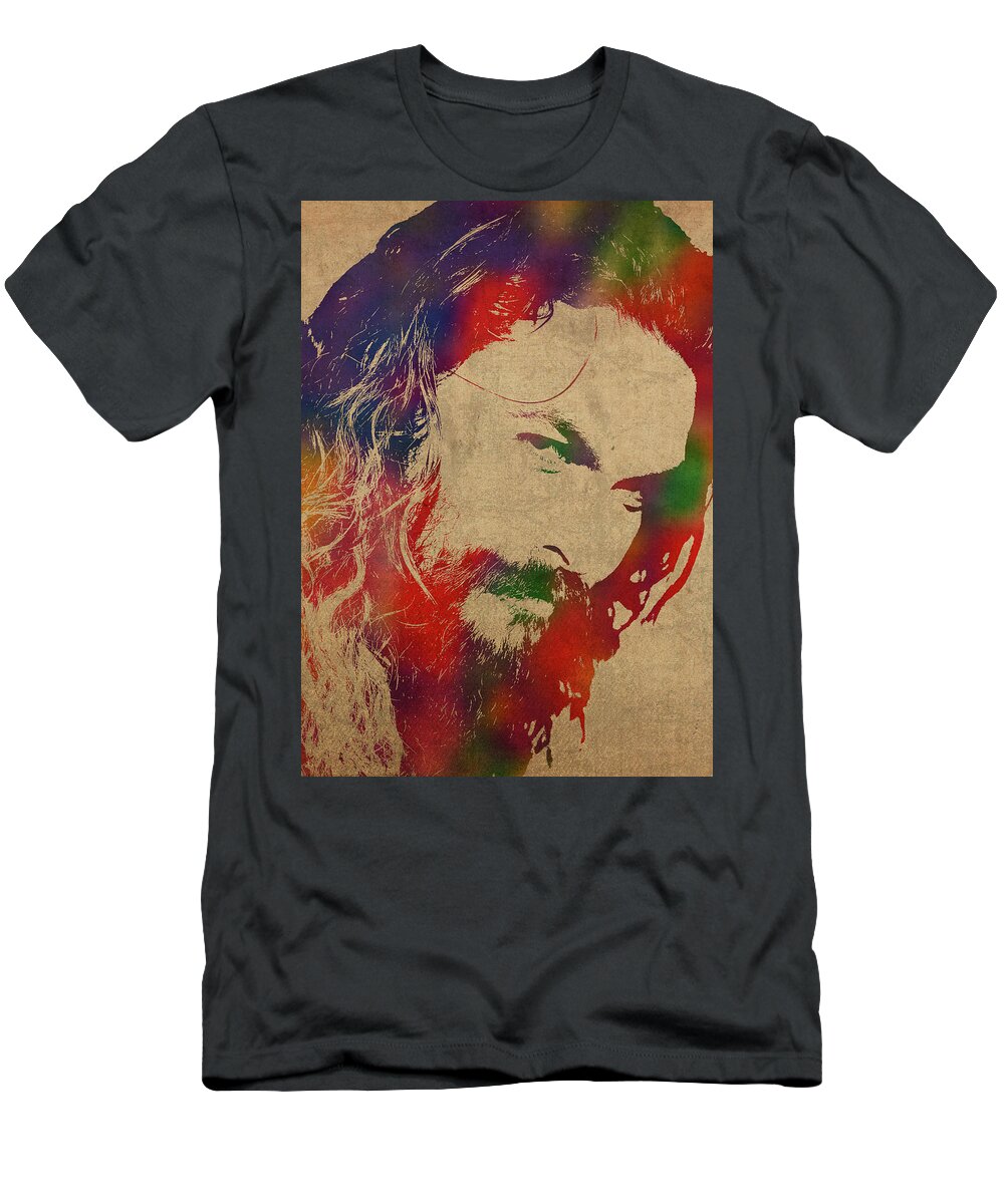 Jason Momoa T-Shirt featuring the mixed media Jason Momoa Watercolor Portrait on Distressed Canvas by Design Turnpike