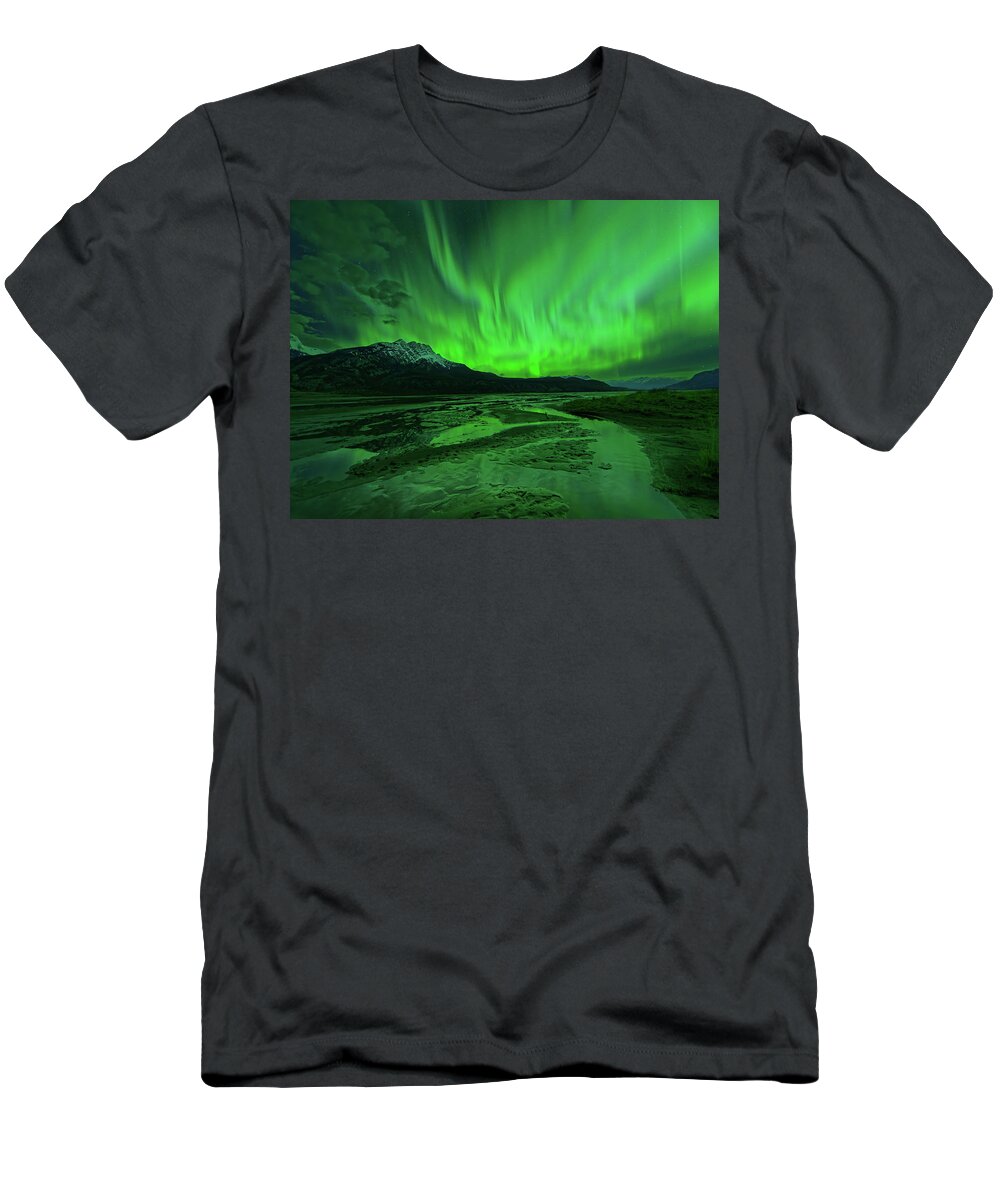 Landscape T-Shirt featuring the photograph Jasper Lake at Night with Aurora by Dan Jurak
