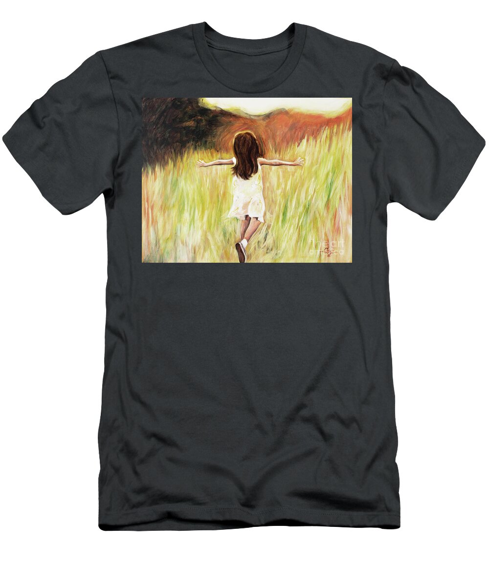 Joy Girl Running Field Sunshine Happy Joyful Peaceful Daughter Free T-Shirt featuring the painting Joy by Pamela Schwartz