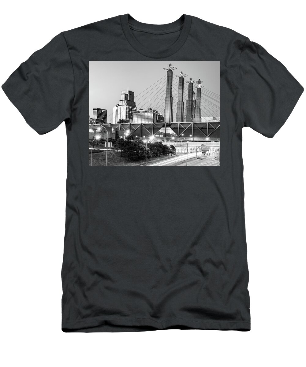 Kansas City T-Shirt featuring the photograph Kansas City Sky Stations And Skyline At Dusk - Black And White Edition by Gregory Ballos