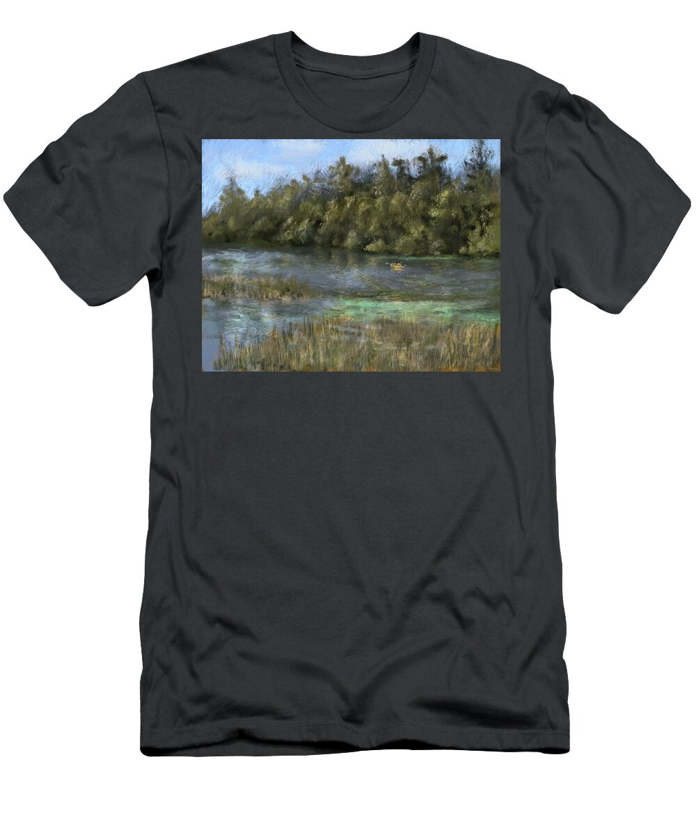 Rainbow River T-Shirt featuring the digital art Kayak On The Rainbow River by Larry Whitler