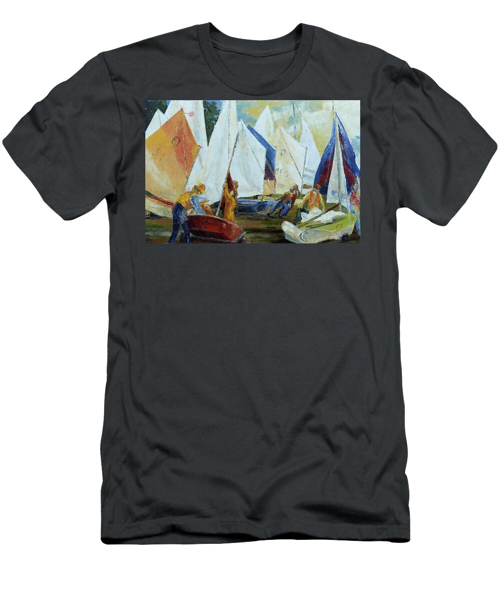 Optimist T-Shirt featuring the painting Kids Rigging Their Boats For Sail Training by Barbara Pommerenke