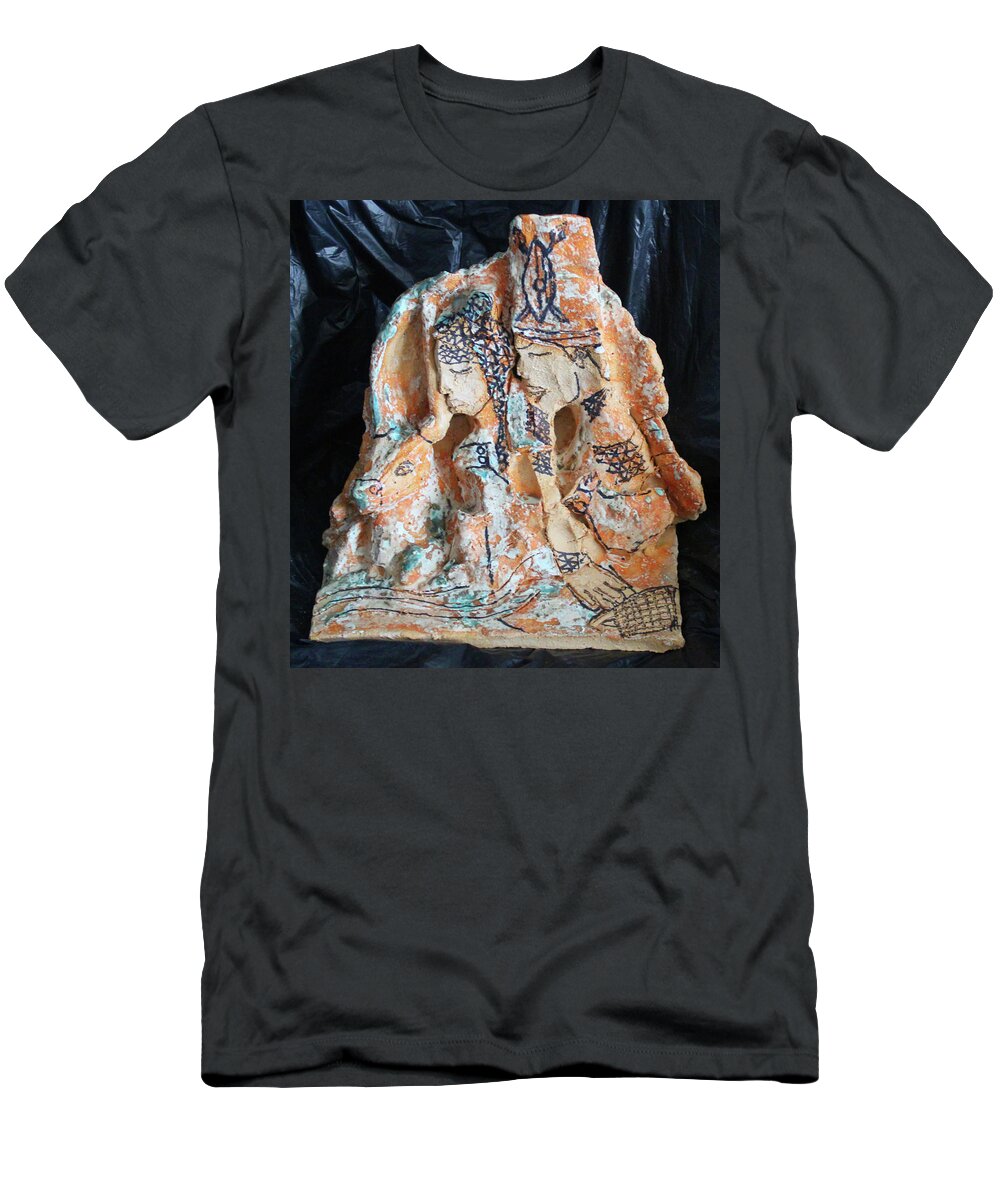 Jesus T-Shirt featuring the ceramic art Kintu and Nambi The Journey Nambi Looks Back by Gloria Ssali
