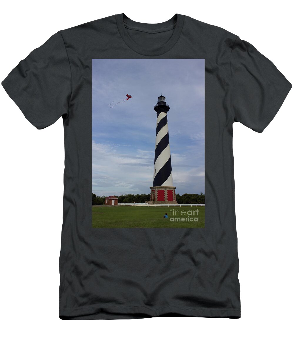 Obx T-Shirt featuring the photograph Kite at Cape Hatteras Lighthouse by Annamaria Frost