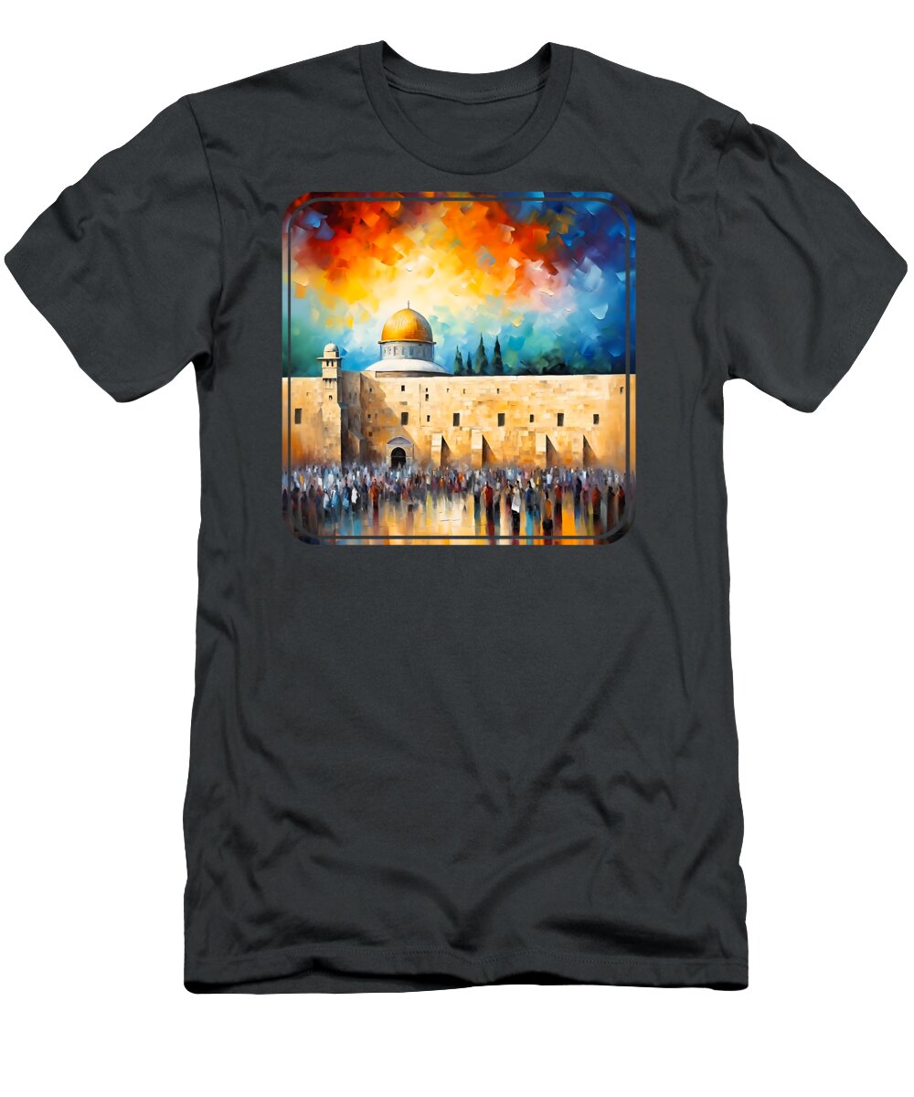 Jerusalem Wailing Wall Wailing T-Shirt featuring the painting Kotel Western Wall 4 by Mark Ashkenazi