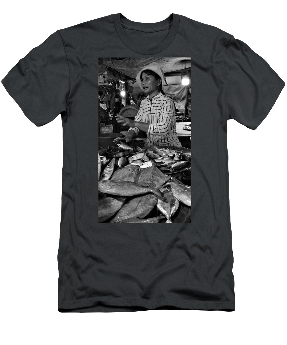 Portrait T-Shirt featuring the photograph Lady at Fish Market by Robert Bociaga