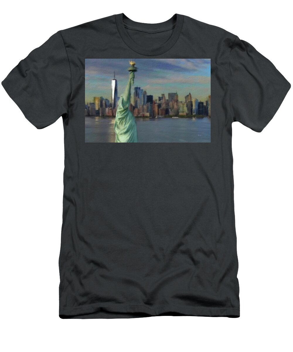 Lady Liberty T-Shirt featuring the digital art Lady Liberty and The New York Skyline by Russ Harris
