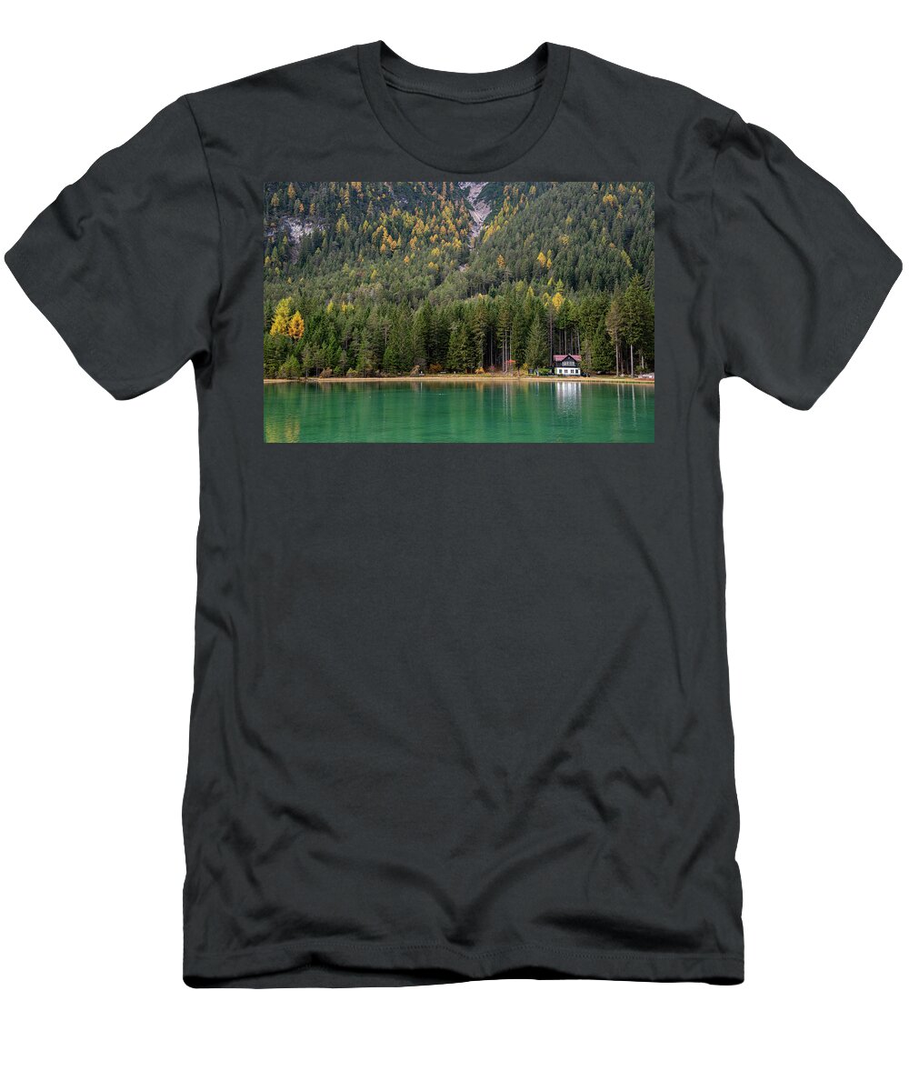 Italy T-Shirt featuring the photograph House in the lake and forest. Lago di dobbiaco lake. Italian aps by Michalakis Ppalis