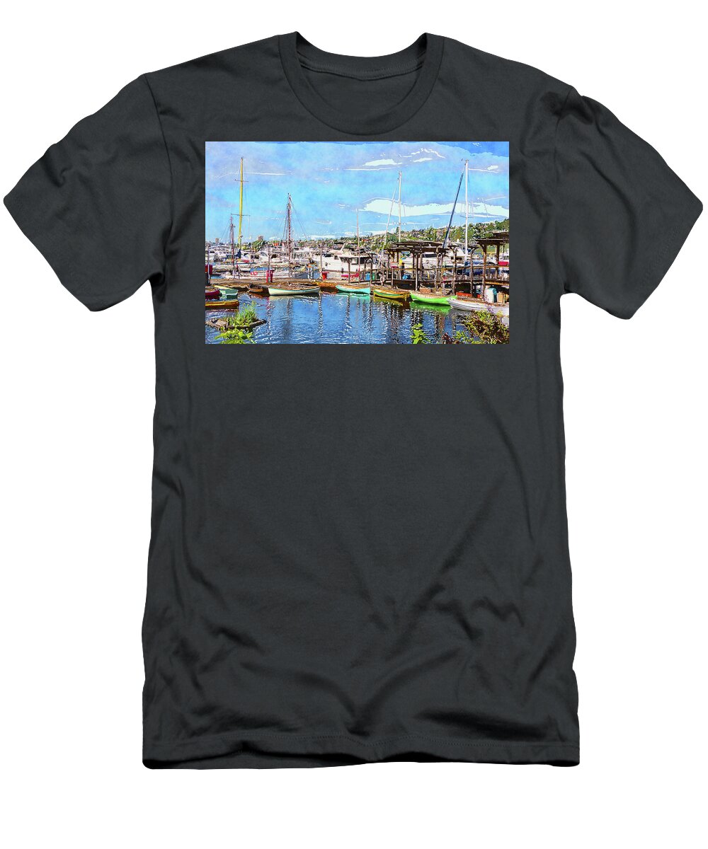 Lake Union Seattle T-Shirt featuring the digital art Lake Union Marina by SnapHappy Photos