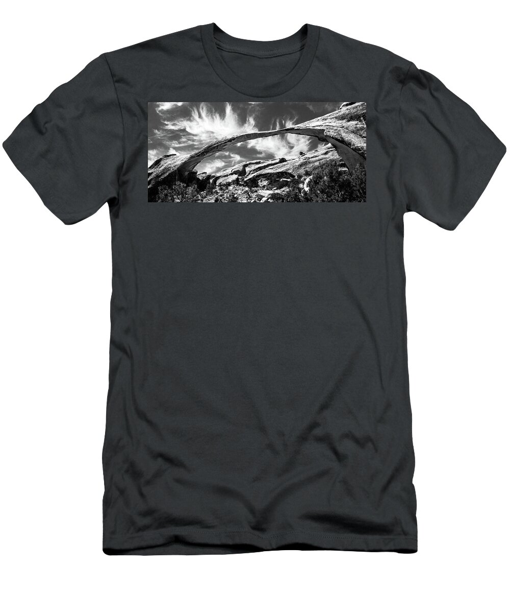 America T-Shirt featuring the photograph Landscape arch in arches national park, black and white by Jean-Luc Farges