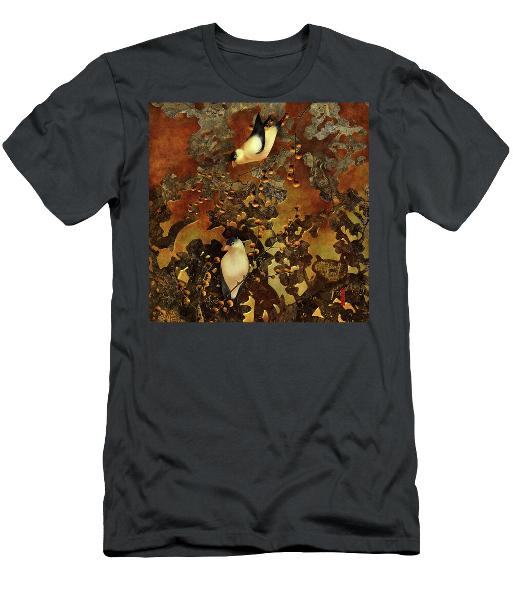 Chinoiserie T-Shirt featuring the digital art Lantern Chinoiserie Goldfinches and Berries by Sand And Chi