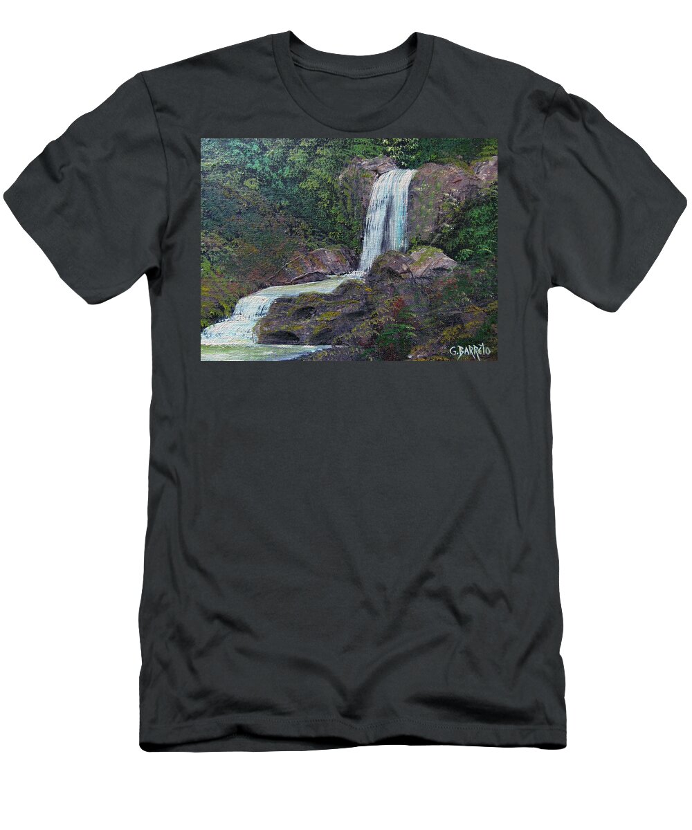 Waterfall T-Shirt featuring the painting Las Marias Waterfall by Gloria E Barreto-Rodriguez
