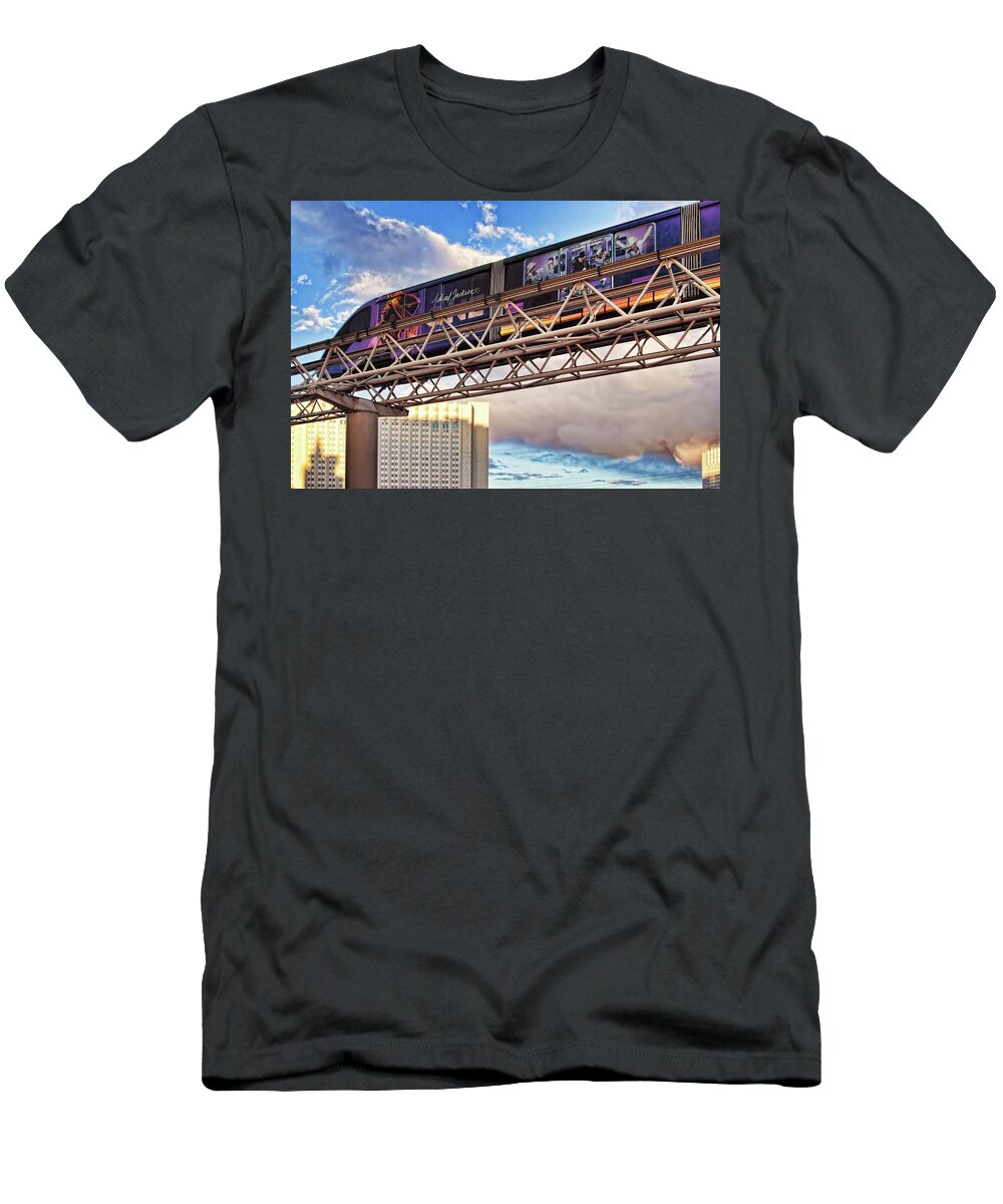 Las Vegas Monorail T-Shirt featuring the photograph Las Vegas Monorail riding above the city by Tatiana Travelways