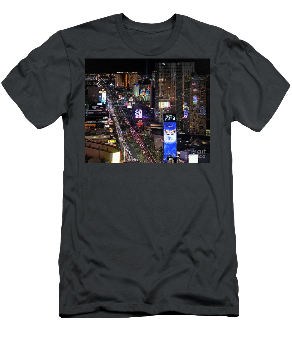 Las Vegas T-Shirt featuring the photograph Las Vegas Strip at Night Aerial View by David Oppenheimer