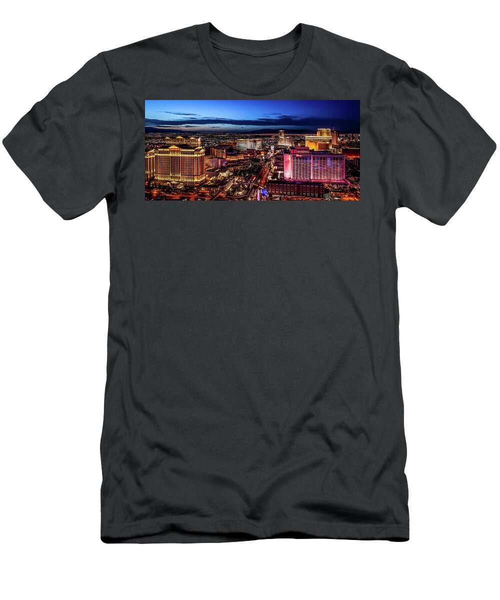 America T-Shirt featuring the photograph Las Vegas strip, HDR at night bird's eye view by Jean-Luc Farges