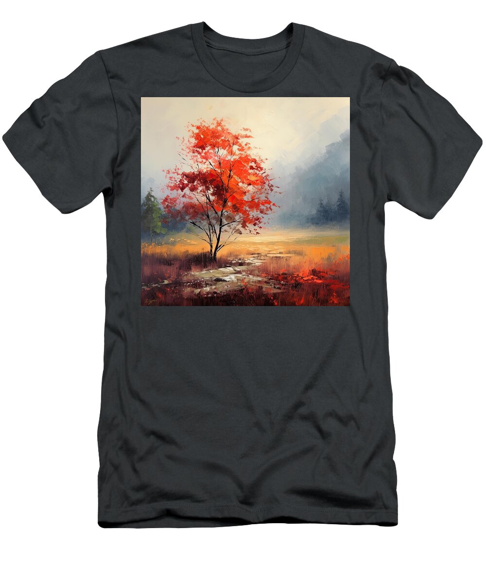 Gray And Red Art T-Shirt featuring the painting Last Stand of Autumn - Autumn Impressionism - Four Seasons Art by Lourry Legarde