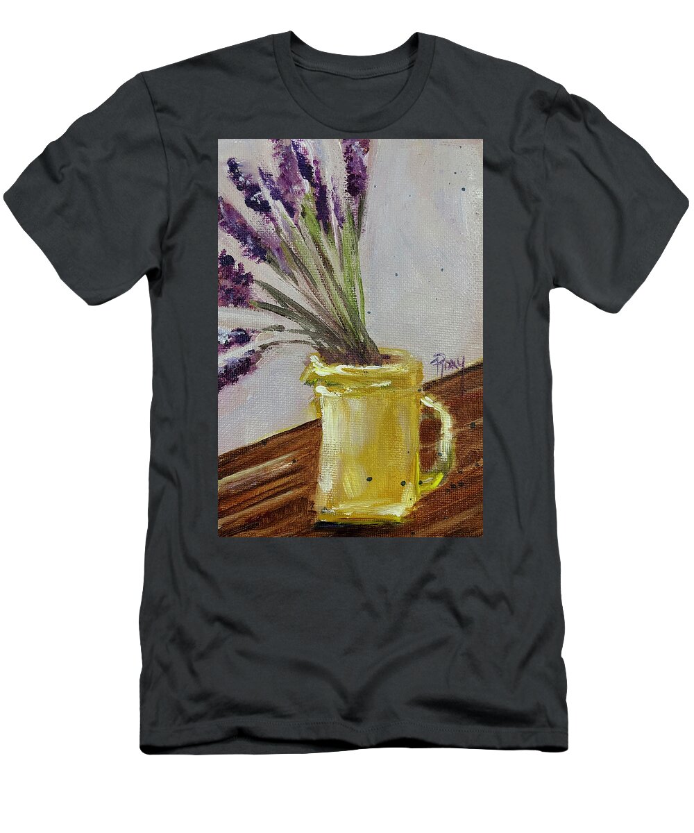 Lavender T-Shirt featuring the painting Lavender in a Yellow Pitcher by Roxy Rich