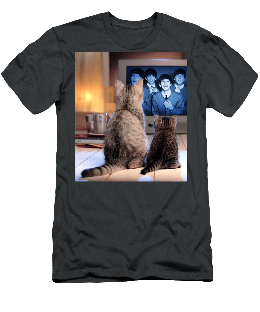 Cats T-Shirt featuring the mixed media Lazy Cat Afternoon With The Beatles by Teresa Trotter