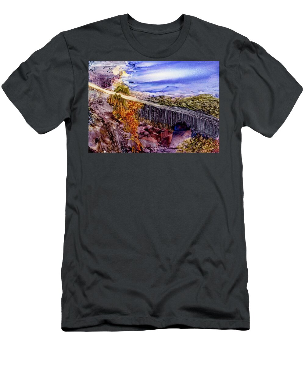 Bridge T-Shirt featuring the painting Leaving it all behind by Angela Marinari