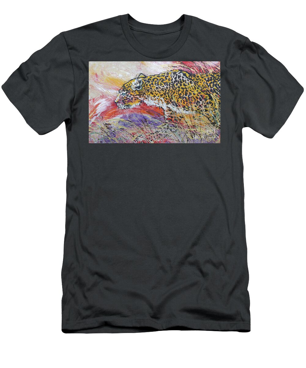 Leopard T-Shirt featuring the painting Leopard's Gaze by Jyotika Shroff