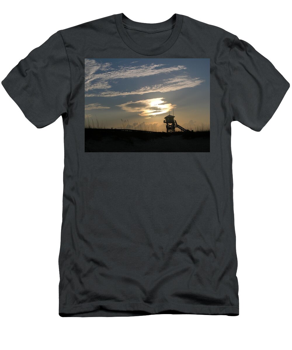 Photography Of The Beach T-Shirt featuring the photograph Lifeguard tower at dawn by Julianne Felton