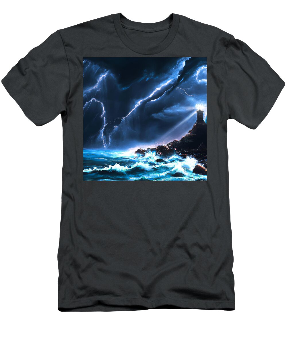 Digital Ocean Water Storm Lighthouse Lightning Waves T-Shirt featuring the digital art Light in the Storm by Beverly Read