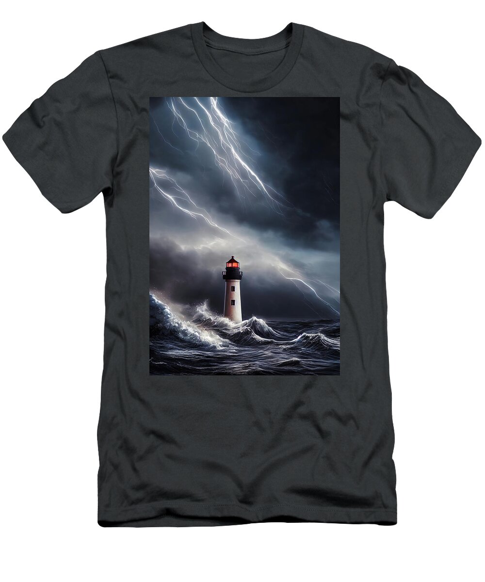 Lighthouse T-Shirt featuring the digital art Lighthouse 08 Waves and Thunderstorm by Matthias Hauser