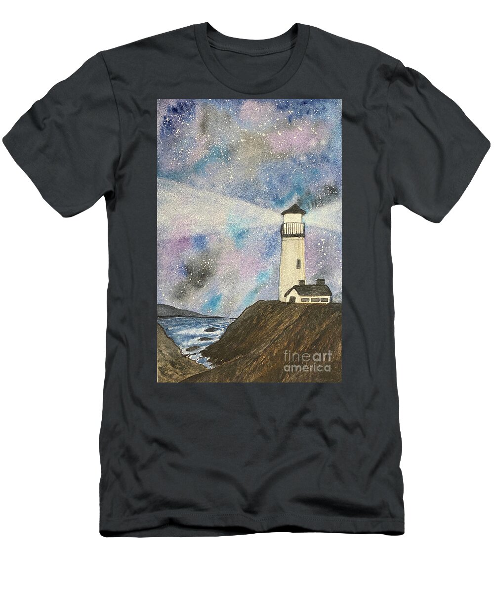 Lighthouse T-Shirt featuring the painting Lighthouse at Night by Lisa Neuman