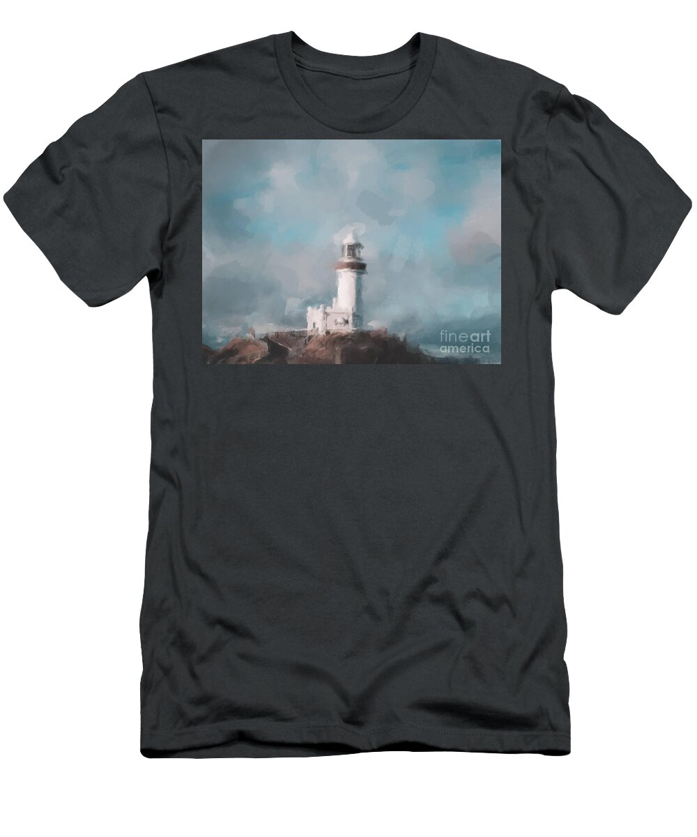 Lighthouse In The Clouds T-Shirt featuring the painting Lighthouse in the Clouds by Gary Arnold